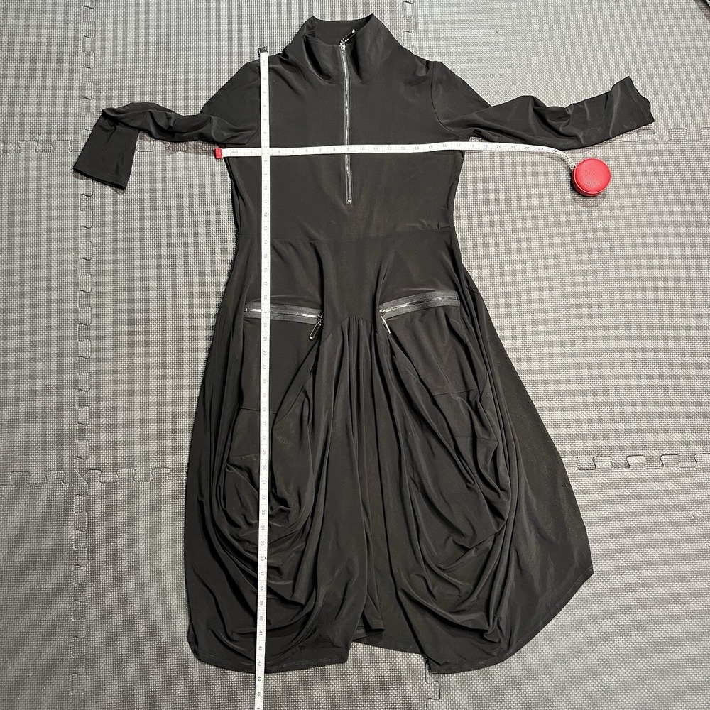 IC Collection Black Avant Garde Zip Front Ruched Bubble Hem Dress Sm Gold Specs - Picture 11 of 15